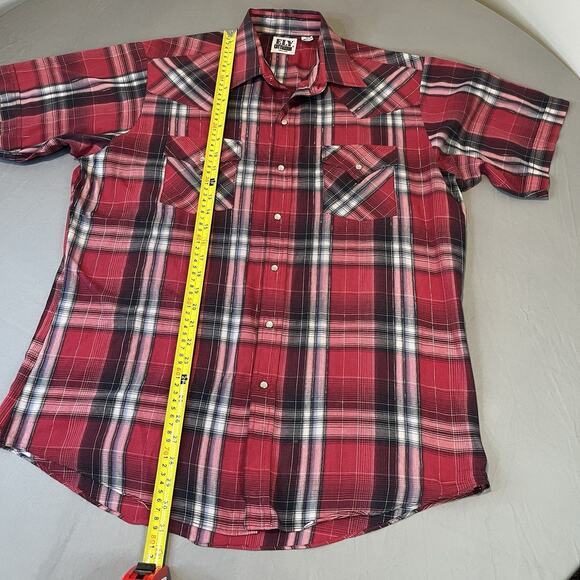 Ely Cattleman Mens Large Red Plaid Pearl Snap Holiday Western Short Sleeve Shirt - Picture 7 of 8